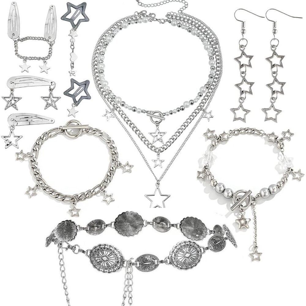 Y2k Accessories Set Silver Layered Jewelry Vintage Waist Chain Hair Clips For Wo